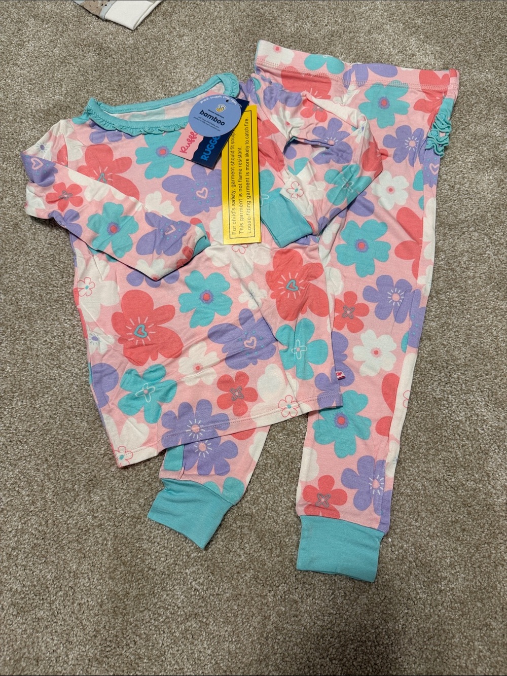 Burt's Bees Baby Pink Floral Two-Piece Pajama Set with Turquoise Trim